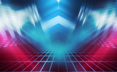 Empty background scene. Dark reflection of the street on the wet asphalt. Rays of blue and red neon light in the dark, neon figures, smoke. Background of empty stage show. Abstract dark background.