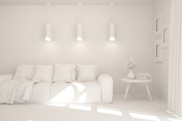 Mock up of stylish room in white color with sofa. Scandinavian interior design. 3D illustration