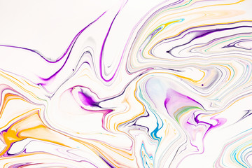 Fototapeta premium Bright resin art abstract background. Multicolor marble surface, mineral stone texture. Violet, orange and blue paint mix wallpaper. Fluid, color liquid flow effect. Watercolor, acrylic waves, swirls.