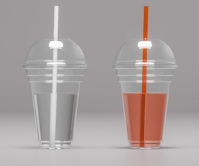 Two transparent plastic cups with tubes