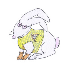 White rabbit in a vest with a pocket watch, glasses, yellow gloves, with a pink nose and a frightened view from Lewis Carroll's fairy tale "Alice in Wonderland". Watercolor hand drawn illustration