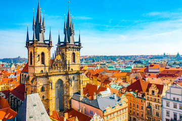 Aerial Panoramic View of Old Town of Prague, Czech Republic, Tyn Church, Clock Tower, Square  - Image