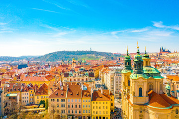 Obraz premium Aerial Panoramic View of Old Town of Prague, Czech Republic, Tyn Church, Clock Tower, Square - Image