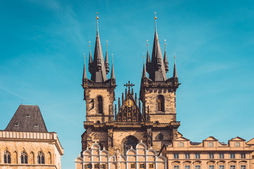 Fototapeta na wymiar Old Town Square with Tyn Church in Prague, Sunset Cityscape in Capital of Czech Republic, Prague, Europe - Image