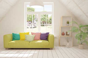 Stylish room in white color with sofa and summer landscape in window. Scandinavian interior design. 3D illustration