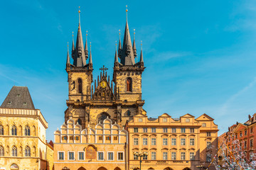 Fototapeta premium Panoramic View of Old Town Square with Tyn Church in Prague, Sunset Cityscape in Capital of Czech Republic, Prague, Europe - Image