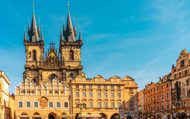 Obraz premium Panoramic View of Old Town Square with Tyn Church in Prague, Sunset Cityscape in Capital of Czech Republic, Prague, Europe - Image