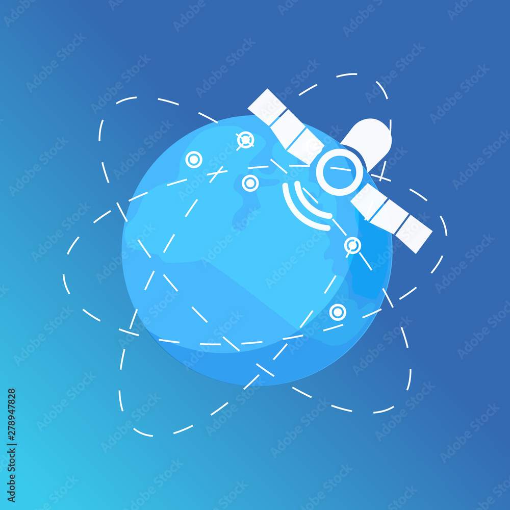 Poster global connection vector, satellite floating in space with planet, flat style. cellular communicatio