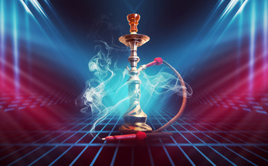 Hookah, smoke on a dark abstract background. Background of empty scenes with multicolored neon lights, reflection of night lights on wet pavement