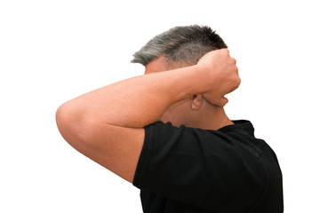 Guy put hands behind head. Isolated profile portrait on white background. Emotion and gesture of middle aged unshaven shaggy man in black t-shirt. Concept of arrest or workout exercise