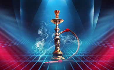 Hookah, smoke on a dark abstract background. Background of empty scenes with multicolored neon...