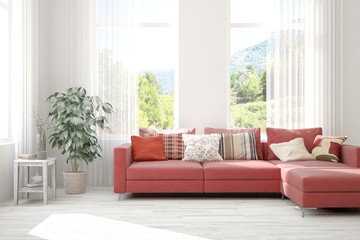 Stylish room in white color with sofa and summer landscape in window. Scandinavian interior design. 3D illustration