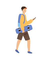 Man holding skateboard, side view of boy using phone, person wearing casual clothes and backpack, skateboarder going outdoor, urban skater vector