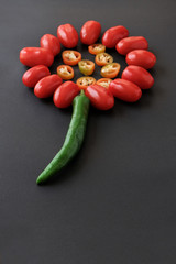 Creative vegetables assemblage oftomatos,pepperoni on the dark background