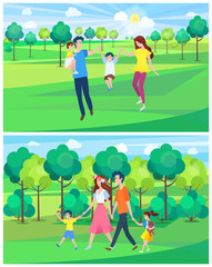 Summer park relaxation vector, people with child on fair weather, father and mother with daughter and son, family day on spring forest with foliage
