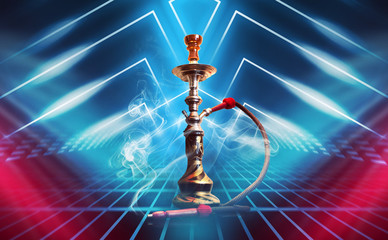 Hookah, smoke on a dark abstract background. Background of empty scenes with multicolored neon...