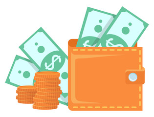 Brown wallet with two banknotes with dollar sign and two stacks of golden coins. Purse full of money, currency and cash equivalents isolated on white vector © robu_s