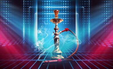 Hookah, smoke on a dark abstract background. Background of empty scenes with multicolored neon...