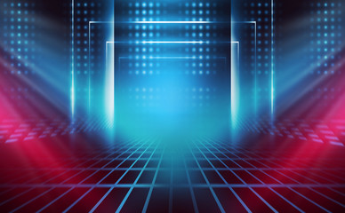 Empty background scene. Dark reflection of the street on the wet asphalt. Rays of blue and red neon light in the dark, neon figures, smoke. Background of empty stage show. Abstract dark background.