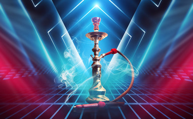 Hookah, smoke on a dark abstract background. Background of empty scenes with multicolored neon...
