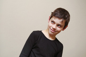 Boy's portrait with the interested look and a smile of the European appearance on a light background. 