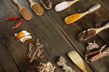 traditional spices turmeric ginger cinnamon nutmeg pepper pink salt anise in wooden spoons on a wooden background lemongrass, orange peel, cinnamon sticks. With copy space for text or image. Top  view
