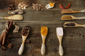 Fototapeta na wymiar traditional spices: turmeric, ginger, cinnamon, nutmeg, pepper, pink salt, star anise in wooden spoons on a wooden background lemongrass, orange peel cinnamon sticks. With copy space for text or image