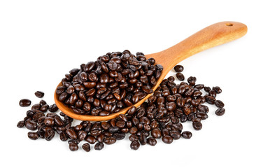  coffee beans in wooden spoon isolated on white background
