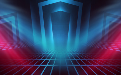 Empty background scene. Dark reflection of the street on the wet asphalt. Rays of blue and red neon light in the dark, neon figures, smoke. Background of empty stage show. Abstract dark background.
