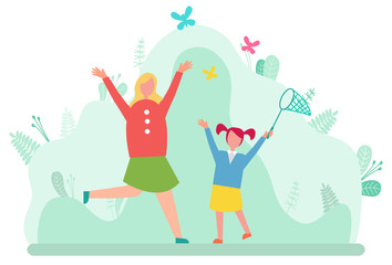 Mother and daughter catching butterflies in net isolated cartoon style happy people. Vector mom and girl spend time together, leisure and pastime on nature