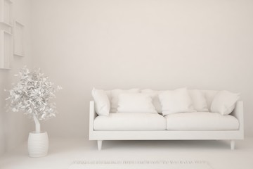 Mock up of stylish room in white color with sofa. Scandinavian interior design. 3D illustration