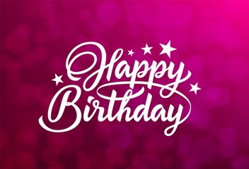 Happy Birthday white hand lettering isolated on red bokeh background.