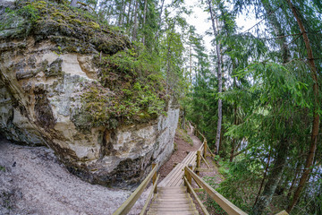 Sandstone cliffs of Sietiniezis on the shore of the river Gauja in Latvia