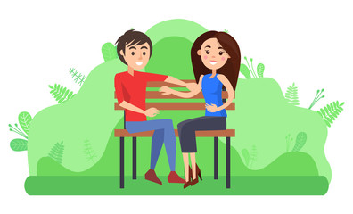 Man and woman relaxing in park vector, couple sitting in park. Positive characters hugging, date of boyfriend and girlfriend cuddling people flat style, dating in park