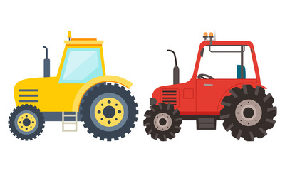 Obraz na płótnie Canvas Tractor set, side view of agricultural transport, farming machine. Meadow equipment, transportation on field, harvest vehicle element of decoration vector