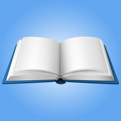 Realistic open book on blue cover and blue background