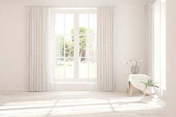Stylish empty room in white color with summer landscape in window. Scandinavian interior design. 3D illustration