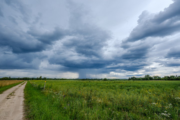Fototapeta na wymiar storm rain clouds forming over the countryside fields in green summer