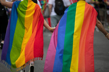 Two gay men wrapped in gay pride flags holding hands with each other