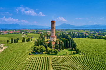 Aerial photography with drone, the Tower of San Martino della Battaglia, Italy.