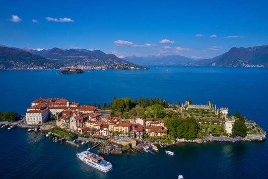 Aerial photography with drone, Bella Island on the lake Maggiore, Italy.