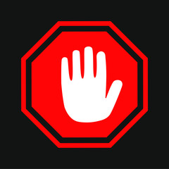 Obraz premium Stop road sign. Prohibited warning vector icon. Palm in red octagon. Road stop sign with hand isolated. Glossy effect.