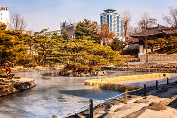 Beautiful park in Seoul. Gorgeous winter landscape.