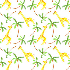 Fototapeta na wymiar watercolor seamless pattern with cute giraffe and palm tree african animals