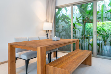 home interior design in living room with dining table