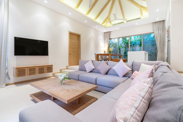 interior design in living room with open kitchen area