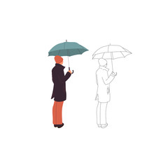 Young man character in casual outfit standing with umbrella. Isolated on white. Flat style colorful and monochrome cartoon stock vector illustration.
