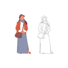 Standing young girl character in dress, with bag, casual outfit. Isolated on white. Flat style colorful and monochrome cartoon stock vector illustration.