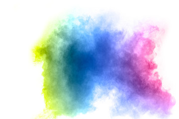 Abstract multicolored dust splash on white background. Bizarre form of colorful powder explosion on...