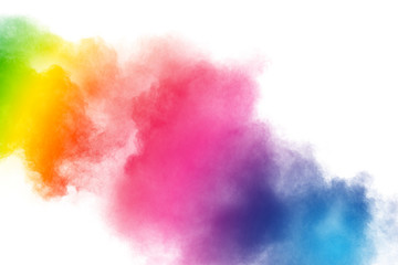 Abstract multicolored dust splash on white background. Bizarre form of colorful powder explosion on...